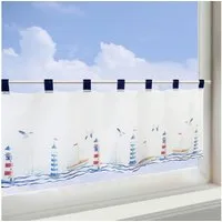 Delindo Lifestyle Scheibengardine Leuchttürme maritim, 45x120 cm, für Küche und Bad, Schlaufen, halbtransparent