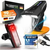 MIVELO Fahrradbeleuchtung LUMIX Fahrradlicht LED Set 70 LUX - Akku USB aufladbar wasserdicht, OSRAM LED