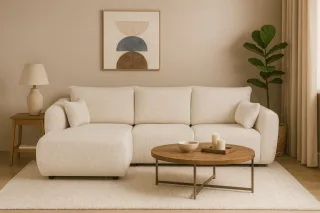 Ecksofa mit Schlaffunktion RUDEN Sofa in Stoff Bello Creme Ottomane Links
