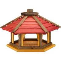MAZUR Futterstation für Wildvögel aus Holz, wetterfest, 56x44x37 cm, zum Aufstellen, komplett montiert & sofort einsatzbereit, handgefertigt mit rotbraunem Dach