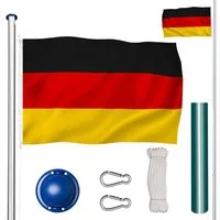 tectake Fahne Aluminium Fahnenmast mit Deutschland Flagge in 6,25 m Höhe (Komplettset, Mast, Flagge, Bodenhülse, Flaggenseil und Abdeckung + Aufbauanleitung), höhenverstellbar im Stecksystem, inklusive Seilzug und Erdanker