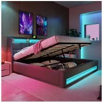 Flieks Polsterbett, Baumwolle-Leinen Bezug Stauraumbett mit USB-Anschluss + LED 160x200cm