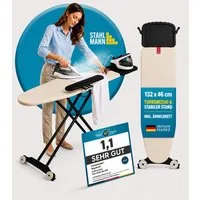STAHLMANN COMMERCE GmbH Bügelbrett 132 × 46 cm,Made in EU, mit Ärmelbrett, für Dampfbügelstation, Bügelfläche 46x132 cm, Made in EU, mit Ärmelbrett, exklusiv für Dampfgeneratoren