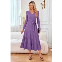 Arach&Cloz Strickkleid Damen Pulloverkleid Herbst Winterkleid Lang Plissee V-Ausschnitt Langarm Elegant Midi Kleider Winter