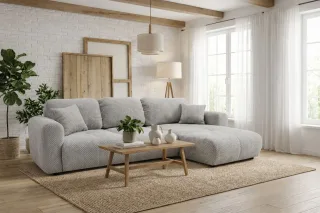 Ecksofa mit Schlaffunktion BRUSK MAX in Stoff Pop Hellgrau Ottomane Rechts