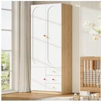 Merax Kinderkleiderschrank Kinder-Kleiderschrank, 3-türiger Kleiderschrank (1-St., mit 3 Schubladen) Kinderzimmer, Kinderzimmermöbel, Kleiderstange, Bunte Keramikgriffe