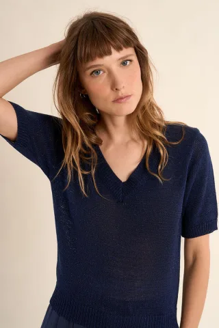 molly bracken - Kurzärmeliger Strickpullover blau - Gr. - M