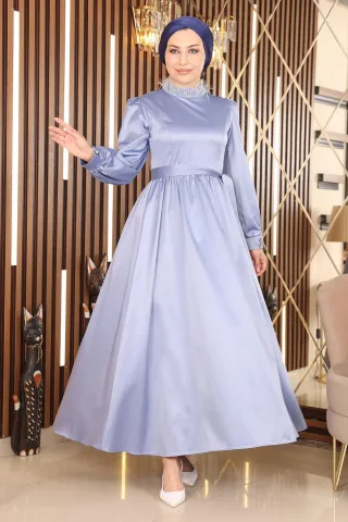Feder Detailed Satin Abendkleid Blau