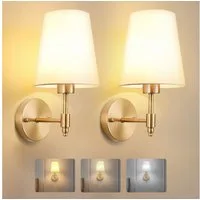 MUPOO Wandleuchte Kabellose Gold Wandleuchten mit Weißem Stoffschirm & 1 Glühbirnen, LED wechselbar, Stoff Wandbeleuchtung für innen,für Badezimmer,Flur,Wohnzimmer