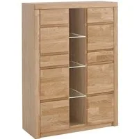 OTTO home Highboard Silkeborg Fronten & Leisten aus Massivholz, Kospus aus Melamin, B/T/H: 90/35/125cm, 6 Melamin & 3 Glas einlegeboden die variabel sind.