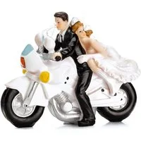 partydeco Tortenstecker, Tortenfigur Hochzeit 11,5cm Brautpaar auf Motorrad Weiß / Schwarz
