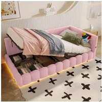 Flieks Daybett, Hydraulisches Polsterbett Tagesbett Schlafsofa 90x200cm mit USB, Typ-C