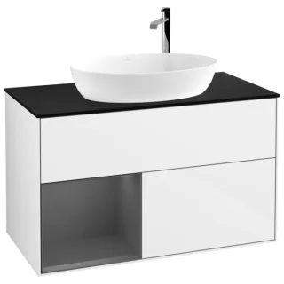Villeroy und Boch Finion Waschtischunterschrank G892GKGF 100cm, Abdeckplatte black matt, Emotion, Regale Anthracite matt lacquer, Glossy white lacquer