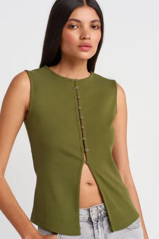 Rippenshirt Ärmellos mit Knopfleiste