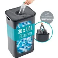 WELLENBORG Flaschensammler Pfandflaschen-Sammelbehälter mit Deckel 100L, Anthrazit, Inklusive 2 Tragetaschen & Klettverschluss, Leergutbehälter