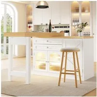 Ulife Esstisch Ausziehbarer Kücheninsel 120–194cm, 360° drehbare Tischplatte (2-St), mit Glastüren, Schubladen & Tür-Snackregalen