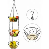 COFI 1453 Hängekorb Obstkorb hängend 3 Etagen mit Holzboden und Metallkette (3 St)