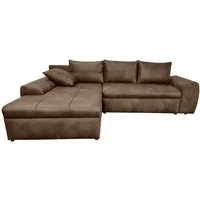 luma-home Ecksofa 18014, mit Bettfunktion B266/T186/H90 cm, Ottomane links, Federkern im Rücken, Wellenunterfederung, Bettkasten, Mikrofaser Leder-Optik Vintage Braun