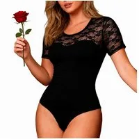 HO-Ersoka Kurzarmbody Body kurzarm blickdicht mit Spitzen Einteiler modisch schwarz sexy, elegant