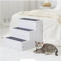 PawHut Haustiertreppe 3 Stufen Tiertreppe Katzentreppe Hundetreppe (Haustierleiter, 1-St., Einstiegshilfe mit Teppich), Tannenholz Weiß 40,5 x 44,5 x 38 cm