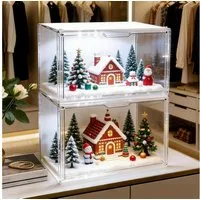 XERSEK Vitrine Acryl Displaybox mit LED, Magnettür, Transparent Organizer 36×22 ×27cm (2 Set] Staubdicht, Stapelfähig, Horizontal oder Vertical Platzierbar) Acryl-Vitrine für Figuren, Handtaschen, Spielzeug, Handwerk, Bücher