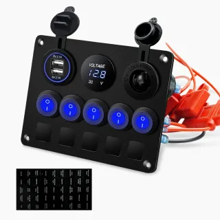 12V-24V Universal Switch Panel with USB Voltmeter 5 Gang Rocker Switch Panel with Dual USB Slot Socket 5V 4.2A Voltmeter
