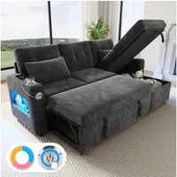Merax Ecksofa mit LED‑Beleuchtung & USB, L-förmiges Sofa mit Schlaffunktion, multifunktionales Schlafsofa aus Chenille, für Wohnzimmer/Schlafzimmer 1 Teile, 3-Sitzer-Sofa mit Getränkehalter, Seitentaschen & verdeckten Stauraum