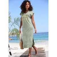 Beachtime by Lascana Strandkleid mit glänzendem Foliendruck vorne, langes T-Shirt-Kleid lockeres Jerseykleid, Midikleid mit Seitenschlitzen, Sommerkleid