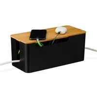 relaxdays Kabelbox Schwarze Kabelbox mit Bambusdeckel