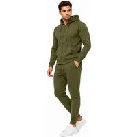 L.gonline Freizeitanzug Herren Jogginganzug einfarbig 100% BW 586 Oliv L (Kapuzenjacke mit Reißverschluss, Hose, 2-tlg), Fitness Freizeit Casual