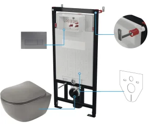 Neuesbad Anthrazit Wand-WC RIMLESS + WC-Sitz + Vorwandelement + CONTROL BUTTON Titan NB1DECDETDZPW1