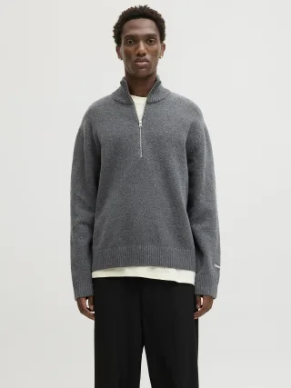 JACK&JONES - JORNORREBRO KNIT HALF ZIP SN Dark Grey Melange - Gr. - XL