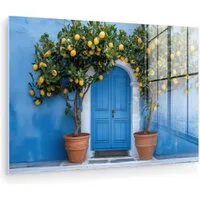 MuchoWow Acrylglasbild Zitronenbäume - Gelb - Tür - Töpfe, Inkl. Aufhängung, Glasbilder Wohnzimmer, Schlafzimmer, Flur & Esszimmer, 30x20 cm