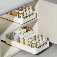 BlingBin Küchenorganizer-Set Teleskopschublade, Ausziehbare Schublade Küche Organizer Schrank, (2er Set, 2-tlg., 43L x 25B x 6H cm, Erweiterbar Küchenschublade mit Kleber), Schubladen-Aufbewahrungsregale für Küche, Ohne Bohren, Weiß