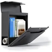 HEYHIPPO Wandbriefkasten Stahl-Briefkasten mit Schloss und Sichtfenster,wetterfest 37×11×37,5cm (verdickte Stahlplatte, rostfrei und staubdicht, schwarze Zeitungsbox), Eckiger Wandbriefkasten, für den Außenbereich geeignet, wasserdicht