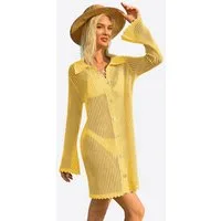 Imily Bela Strandkleid Damen Cover-up mit Lochmuster Knopfleiste Bikini Sommer (Packung, 1-tlg., 1per-Pack) gehäkelt in Unifarbe