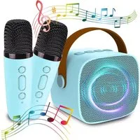 MOPUEA Mini Karaoke Maschine mit 2 Mikrofonen Karaoke-Anlage 5 Stimmenmodi Bluetooth-Lautsprecher 360°-Stereo-Surround-Sound, HiFi-Audiotechnologie (Bluetooth-Verbindung, Lautsprechern mit USB-Laden)