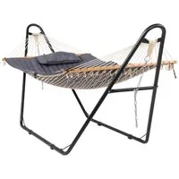 LALAHO Hängematte mit Gestell, Kissen, Doppelstangen-Hängematten-Set, Hängemattenhalterung aus Stahl, bis 250 kg, 315x101x133 cm
