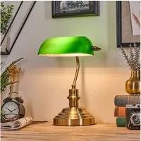 hofstein Tischleuchte Tischlampe aus Metall/Glas in Messing/Grün/Weiß, Schreibtischlampe, ohne Leuchtmittel, traditionelle Bankerlampe für Büros im Vintage-Design, Zugnschnur, E27