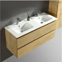 Alpenberger Badezimmer-Set Badezimmer Möbel Badschrank, (Moderner Waschplatz, Keramik Waschbecken mit Überlauf), Doppelwaschtisch 120 cm Breit – Eiche Natur