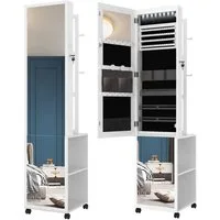 HZUANERI Schmuckschrank Spiegelschrank, stehender Schmuck-Organizer mit 1 Kleiderständer 3-stufige Ablageflächen mit 4 Kleiderhaken, weiß und Schwarz
