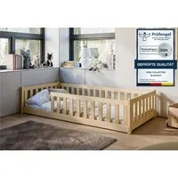 Kids Collective Kinderbett Bodenbett Bett mit Rausfallschutz & Lattenrost Montessori Bett Kinder (weitere Größen 80x160, 120x200, 140x200 cm), Jugendbett Einzelbett mit Matratze, natur Kiefer 90 x 200 cm