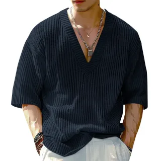 INCERUN Mens Knitted V-Neck Half Sleeve T-Shirt Casual Solod Color Short Sleeve Men Top