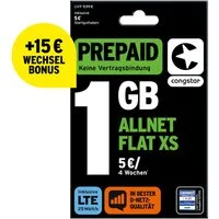 Congstar Prepaid ALLNET XS SIM-Karte ohne Vertrag 5G mit 25 Mbit/s Prepaidkarte, (Telefonie & SMS Flat, EU-Roaming inkl)