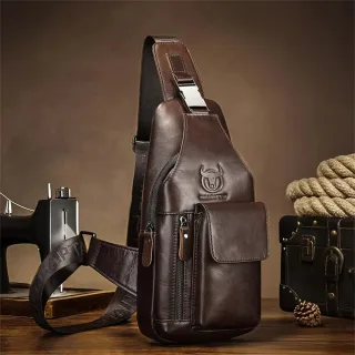 BULLCAPTAIN 8-inch Genuine Leather Chest Bag Retro Large Capacity Mens Crossbody Bag Fashion Shoulder Bag