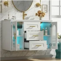 Merax Waschtisch mit Waschbecken, hängend Badmöbel mit LED-Beleuchtung (76×46×55 cm, 1-St., Badschrank ohne Wasserhahn), Badezimmerschrank mit 2 Glastüren, 3 Schubladen & Stauraum