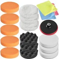 tectake Polierschwamm 18-teiliges Polierteller-Set mit Klettverschluss, 3 Polierfelle, (Polierhauben-Set, 1 St., in weiß), 11 Polierschwämme, 3 Mikrofasertücher, M14-Polierteller 150 mm