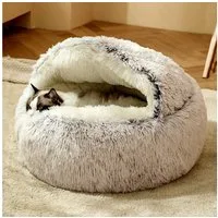 CALIYO Tierbett Flauschiges Katzenbett, rund, weiches Plüsch, Höhle mit Kapuze, Kunstpelz, Rutsch- und wasserdichte Unterseite