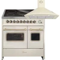 GURARI Elektro-Standherd Glaskeramik Herd 90 cm Creme Range Cooker Elektro Doppelbackofen+Dunstabzugshaube 90cm GCH E 912 DF Cr r+GCH C 046 BG 9.., mit 1-fach-Teleskopauszug