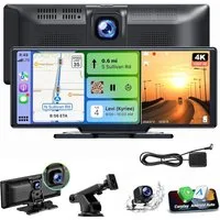 ESSGOO 4K 10.26" Wireless Carplay Android Auto Display Vorne Rückfahrkamera Navigationsgerät (Tragbar Autoradio Rückfahrkamera IPS Touchscreen GPS Navi FM AUX)